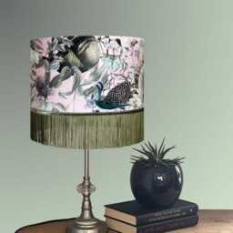 Pink & Green Velvet Lampshade With Peacocks, Butterflies, Florals & Fringe - thumbnail 3
