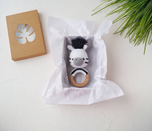 Zebra Baby Cotton Toy With Wooden Ring, Personalized Gift For Safari Shower, Neutral Pregnant Sister - image 1