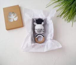 Zebra Baby Cotton Toy With Wooden Ring, Personalized Gift For Safari Shower, Neutral Pregnant Sister - thumbnail 1