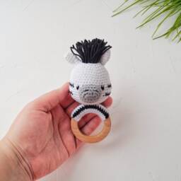 Zebra Baby Cotton Toy With Wooden Ring, Personalized Gift For Safari Shower, Neutral Pregnant Sister - thumbnail 3