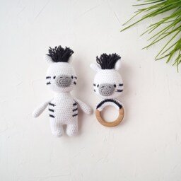 Zebra Baby Cotton Toy With Wooden Ring, Personalized Gift For Safari Shower, Neutral Pregnant Sister - thumbnail 4