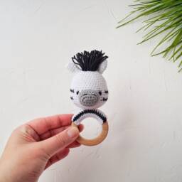 Zebra Baby Cotton Toy With Wooden Ring, Personalized Gift For Safari Shower, Neutral Pregnant Sister - thumbnail 2