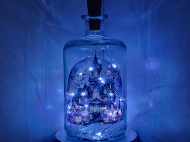 Spooky Halloween Bottle Lamp, Haunted House Vinyl Decor - image 1