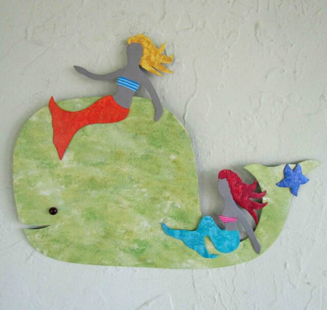 Upcycled Metal Whale & Mermaid Wall Art Hand-Painted Sculpture - 11x14 - image 1