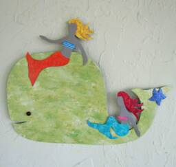Upcycled Metal Whale & Mermaid Wall Art Hand-Painted Sculpture - 11x14 - thumbnail 1