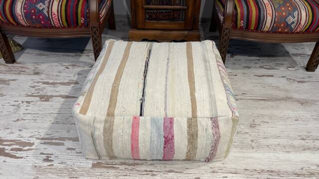 Square Floor Pouf Ottoman, Vintage Kilim Rug Cotton - 24x10 Inches - image 1