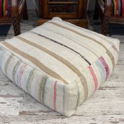 Square Floor Pouf Ottoman, Vintage Kilim Rug Cotton - 24x10 Inches - thumbnail 2