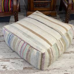 Square Floor Pouf Ottoman, Vintage Kilim Rug Cotton - 24x10 Inches - thumbnail 3