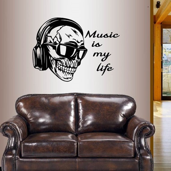 In-Style Decals Wall Vinyl Decal Art Sticker Skull With Headphones & Sunglasses Music Is My Life Quote Phrase Removable Mural Design 238 - image 1