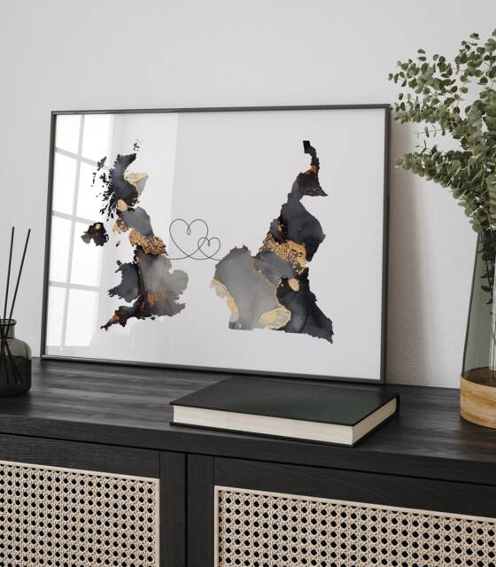 Britain & Cameroon Map Black & Gold Travel Wall Art Print - United Kingdom UK - image 1