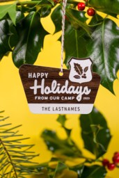 Personalized Camp Christmas Ornament - Happy Holidays National Parks Style Custom Mid-Century Retro Wilderness Outdoorsy Forest Sign