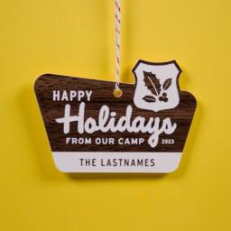 Personalized Camp Christmas Ornament - Happy Holidays National Parks Style Custom Mid-Century Retro Wilderness Outdoorsy Forest Sign - thumbnail 3