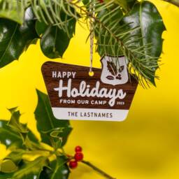 Personalized Camp Christmas Ornament - Happy Holidays National Parks Style Custom Mid-Century Retro Wilderness Outdoorsy Forest Sign - thumbnail 2