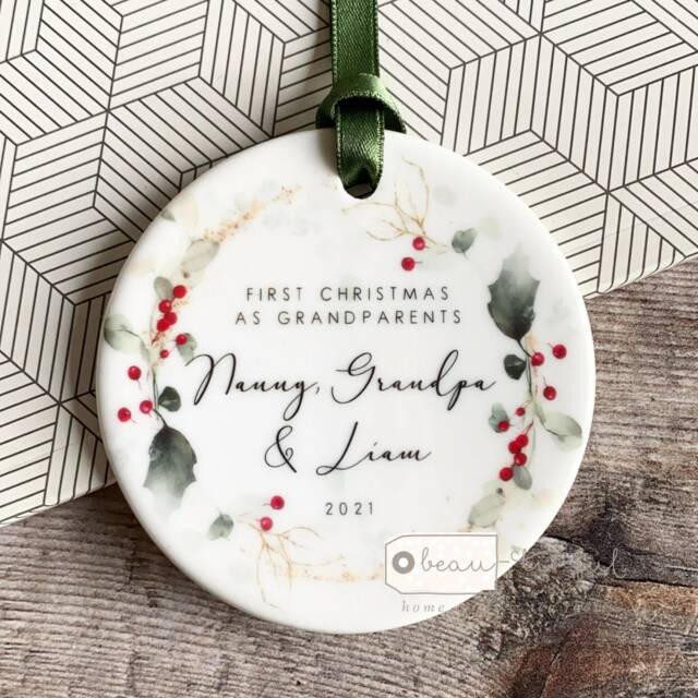 Personalised First Christmas As Grandparents Gran Grandma Nanna New Baby Holly Design Ceramic Or Acrylic Round Ornament Keepsake