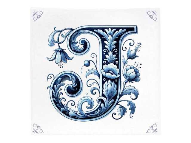 Alphabet, Initial J, Alphabet Tile, Delft Blue, Kitchen Bathroom Wall Art, Kitchen, Backsplash, Custom, Ceramic, J