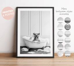 Black & White Border Terrier Dog in A Bath Print, Bathing, Funny Bathroom Animal Bathtub, Dog Tub Whimsy - thumbnail 1