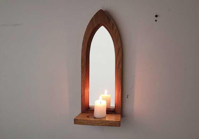 Unusual Gothic Arch Shaped Solid Wooden English Oak Wall Hanging Mirror & Shelf 41 cm Long Hand Made - image 1