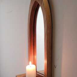Unusual Gothic Arch Shaped Solid Wooden English Oak Wall Hanging Mirror & Shelf 41 cm Long Hand Made - thumbnail 2