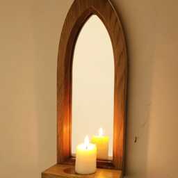 Unusual Gothic Arch Shaped Solid Wooden English Oak Wall Hanging Mirror & Shelf 41 cm Long Hand Made - thumbnail 3