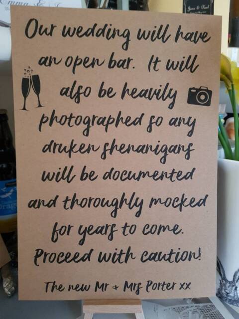 Wedding Open Bar A4 Print, Wedding Stationery, Guests, On The Day Sign, Free Drinks Bride & Groom - image 1