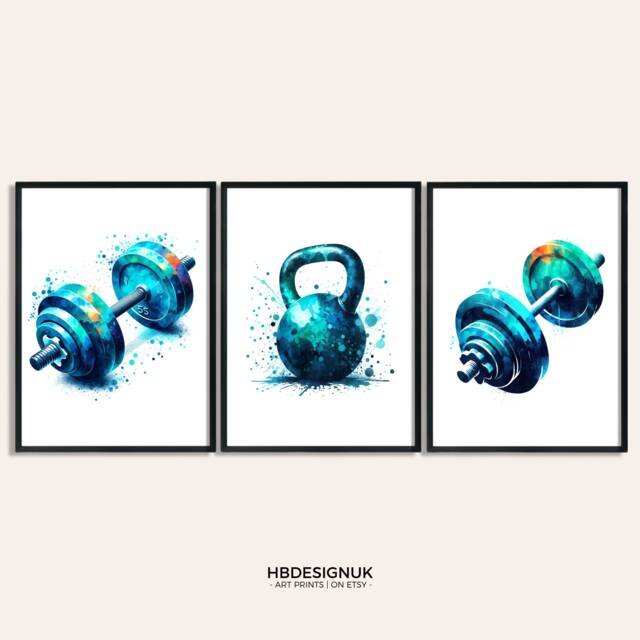 Gym Poster Print - Set Of 3 Posters - Watercolour Design Dumbbell Decor Fitness Wall Art Pictures Kettlebell Home Artwork - image 1
