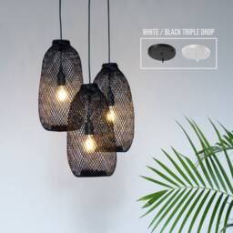 Triple Drop Bamboo Pendant Cluster Light Large Ceiling Canopy Woven Chandelier - Rustic White Black - thumbnail 2