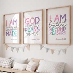 Set Of 3 Bible Verse Prints, Christian Wall Art, Girls Nursery Bedroom Decor, Scripture Loved - thumbnail 1