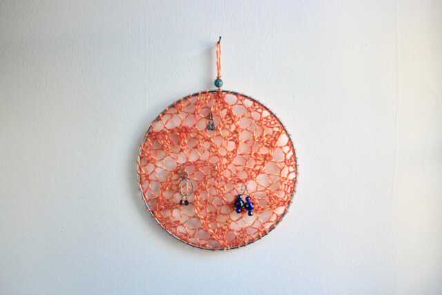 Earring Holder - Peach, Jewelry Display Organizer Fiber Art Wall Hanging - image 1