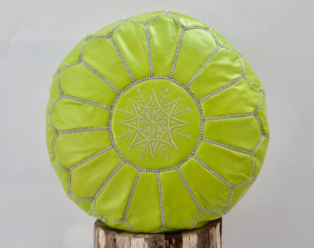 Moroccan Leather Lime Green Pouffe Footstool, Beanbag, Ottoman, Handmade From Naturally Tanned Leather - image 1