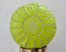 Moroccan Leather Lime Green Pouffe Footstool, Beanbag, Ottoman, Handmade From Naturally Tanned Leather
