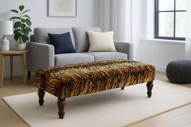 Tiger Print Fabric Footstool - Mahogany Legs, Animal Ottoman - 100x48x36cm - image 1