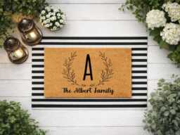 Botanical Branch Initial Script - Custom Monogram Family Name Doormat - thumbnail 1