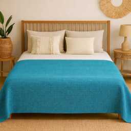Recycled Cotton Throw Blanket - Durable Sofa Slip Cover Turquoise Bedspread Portuguese Sustainable Modern Traditional Home Decor - thumbnail 3
