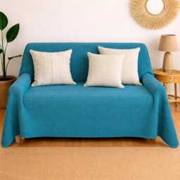 Recycled Cotton Throw Blanket - Durable Sofa Slip Cover Turquoise Bedspread Portuguese Sustainable Modern Traditional Home Decor - thumbnail 2