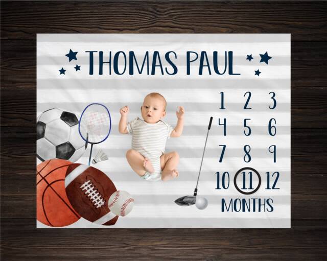 Sports Milestone Blanket Monthly Growth Tracker Baby Shower Gift Newborn Watch Me Grow Boy Bm12 - image 1