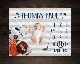 Sports Milestone Blanket Monthly Growth Tracker Baby Shower Gift Newborn Watch Me Grow Boy Bm12 - thumbnail 1