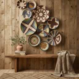 Handmade Wicker Basket Wall Decor Natural Boho Hanging - 9 Piece Set - thumbnail 3