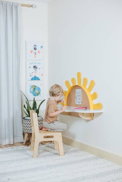 Sunshine Wall-Mounted Kids Table, Preschool Set - Desk & Chair, Montessori Furniture, Boho Style Nursery, Toddler Playroom, Mirror For Baby - image 1