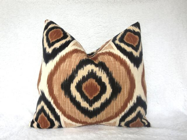 Decorative Pillow Cover, Ikat, Dark Brown, Black & Ivory Throw Cover, 20x20 Toss - image 1