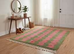 Handwoven 100% Wool Moroccan Rug, Olive Green Pink Geometric Minimalist Area Rug - thumbnail 1