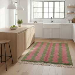 Handwoven 100% Wool Moroccan Rug, Olive Green Pink Geometric Minimalist Area Rug - thumbnail 4