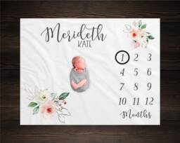 Roses Milestone Blanket Personalized Monthly Growth Tracker Custom Baby Shower Gift Watercolor Pink Floral For Newborn