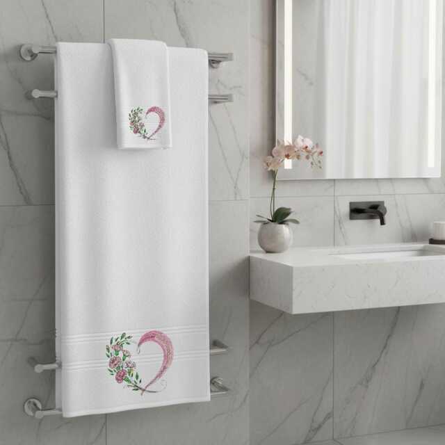 Heart Flower Embroidered Facecloths, Hand Towels, Bath Towels & Sheets - Custom Initials Comes With A Gift Bag - image 1