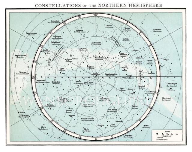 Northern Hemisphere Constellations Map, Astronomy Print Taken From An Early Times Atlas Map Showing The & Stars - image 1