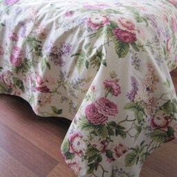 Floral Cotton Bedspread, Shabby Chic Bed Cover, Cream Pink Purple Blooms - thumbnail 2