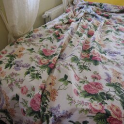 Floral Cotton Bedspread, Shabby Chic Bed Cover, Cream Pink Purple Blooms - thumbnail 3