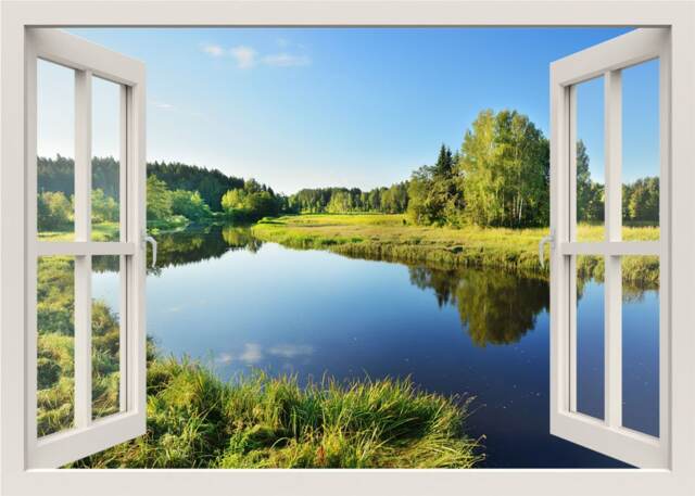 Lake Wall Decal, Landscape Sticker, 3D Window View Mural, Nature Sticker, Window Frame Decal For Home Decor