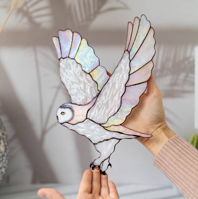 Snowy Owl Stained Glass Wall Hanging Iridescent Decor Bird Lover Gift Owl For Mother's Day Large Window - image 1