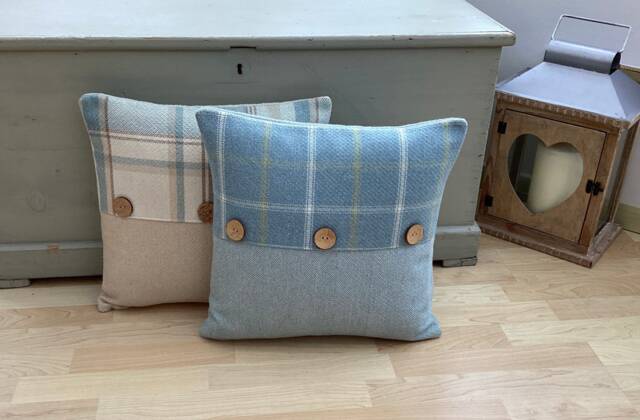Handmade Balmoral Blue Cream Tartan Tweed Plaid Wool Effect Fabric Pair Of Duck Feather Cushion Pillow With Coconut Buttons - image 1