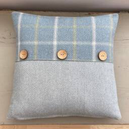 Handmade Balmoral Blue Cream Tartan Tweed Plaid Wool Effect Fabric Pair Of Duck Feather Cushion Pillow With Coconut Buttons - thumbnail 4